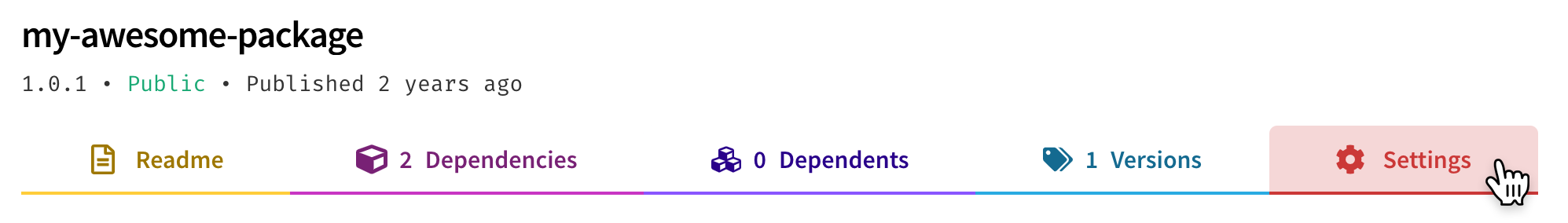 Screenshot showing the settings tab on a package page